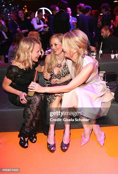 Designer Sonja Kiefer, Regina Halmich and Monica Ivancan are doing a selfie during the Tribute to Bambi 2015 after show party at Station on October...