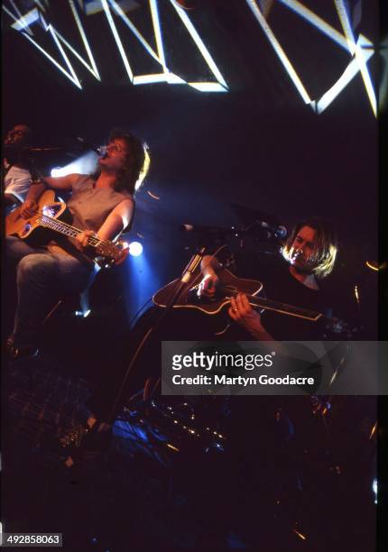Def Leppard perform an acoustic show at Wapentake Club, Sheffield, United Kingdom, 5th October 1995. L-R Rick Savage and Joe Elliott .