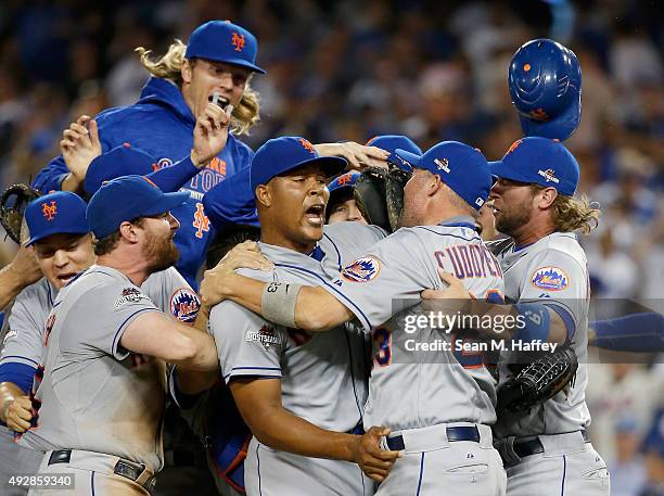 Jeurys Familia of the New York Mets celebrates after the Mets 3-2 victory against the Los Angeles Dodgers in game five of the National League...