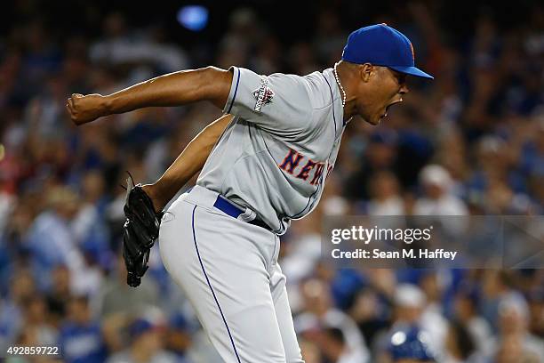 Jeurys Familia of the New York Mets celebrates after the Mets 3-2 victory against the Los Angeles Dodgers in game five of the National League...