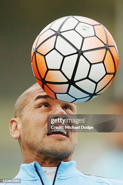 Patrick Kisnorbo headers the ball during a Melbourne City FC training session at City Football Academy on October 16, 2015 in Melbourne, Australia.