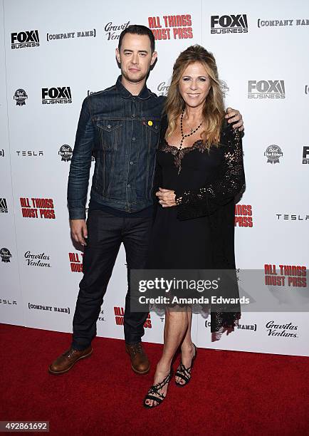 Actor Colin Hanks and actress Rita Wilson arrive at the premiere of Gravitas Ventures' "All Things Must Pass" at the Harmony Gold Theatre on October...