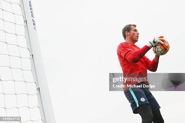 Goal Keeper Thomas Sorensen of the City catches the ball during a Melbourne City FC training session at City Football Academy on October 16, 2015 in...