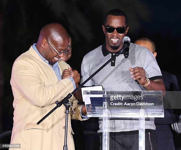 Andre Harrell and Sean "Diddy" Combs attends 2015 REVOLT Music Conference Welcome Ceremony at Fontainebleau Miami Beach on October 15, 2015 in Miami...
