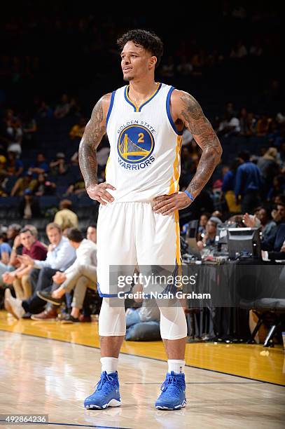 Chris Babb of the Golden State Warriors looks on during the game against the Houston Rockets on October 15, 2015 at Oracle Arena in Oakland,...