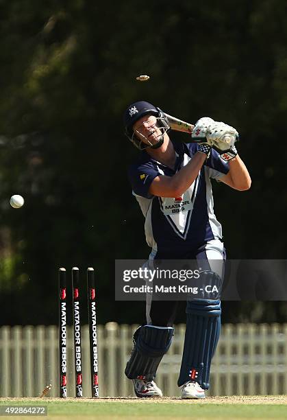 Cameron White of the Bushrangers is bowled by Daniel Worrall of the Redbacks during the Matador BBQs One Day Cup match between Victoria and South...