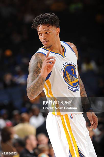 Chris Babb of the Golden State Warriors looks on during the game against the Houston Rockets on October 15, 2015 at Oracle Arena in Oakland,...