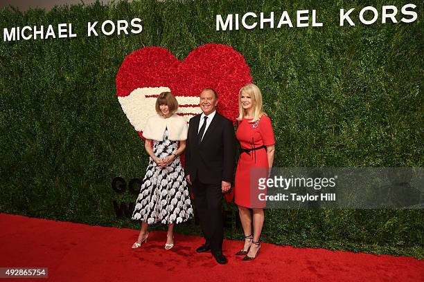 Anna Wintour, Michael Kors, and Blaine Trump attend the 2015 God's Love WE Deliver Golden Heart Awards at Spring Studios on October 15, 2015 in New...