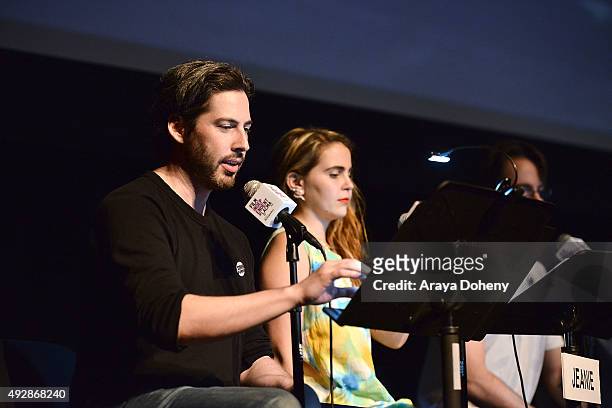 Jason Reitman and Mae Whitman perform at the Film Independent Live Read: Ferris Bueller's Day Off at Bing Theatre At LACMA on October 15, 2015 in Los...