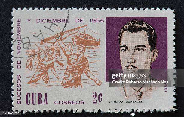 Cuban 1966 stamp depicting the events of November and December 1956. The stamp shows soldiers alighting out of the yatch 'Granma' and portrait of...