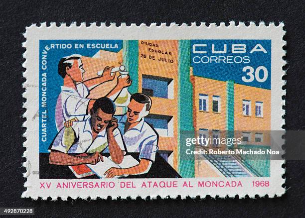 Cuban 1968 stamp commemorating the 15th anniversary of the attack on Moncada. The stamp shows a barrack which was converted to school.