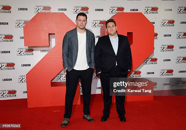 Channing Tatum and Jonah Hill attend a photocall to promote their new film '22 Jump Street' held at Claridges Hotel on May 22, 2014 in London,...