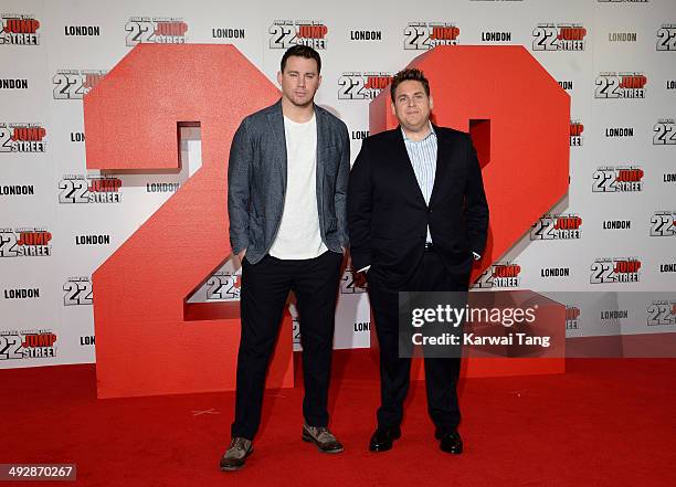 Channing Tatum and Jonah Hill attend a photocall to promote their new film '22 Jump Street' held at Claridges Hotel on May 22, 2014 in London,...