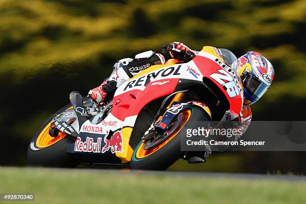 Dani Pedrosa of Spain and the Repsol Honda team rides during free practice for the 2015 MotoGP of Australia at Phillip Island Grand Prix Circuit on...