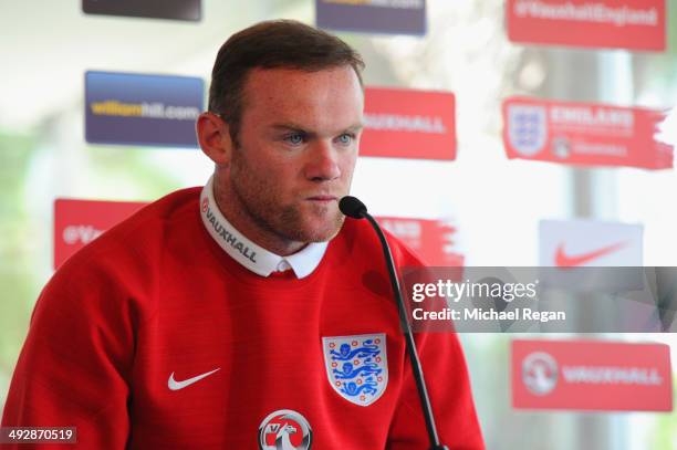 Wayne Rooney speaks to the media during the England training session on May 21, 2014 in Lagoa, Algarve, Portugal.