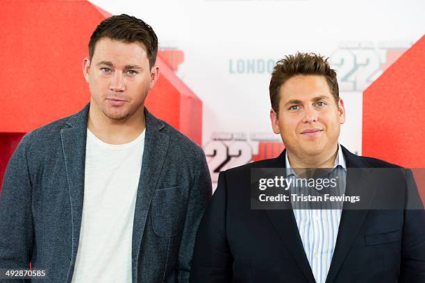 Channing Tatum and Jonah Hill attend a photocall to promote their new film '22 Jump Street' at Claridges Hotel on May 22, 2014 in London, England.