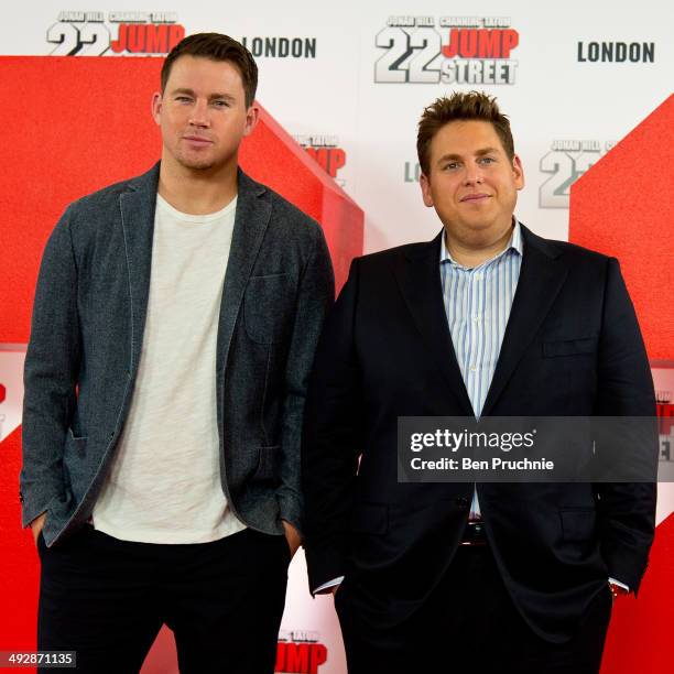 Channing Tatum and Jonah Hill attend a photocall to promote their new film '22 Jump Street' at Claridges Hotel on May 22, 2014 in London, England.