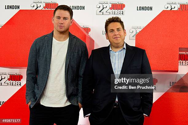 Channing Tatum and Jonah Hill attend a photocall to promote their new film '22 Jump Street' at Claridges Hotel on May 22, 2014 in London, England.