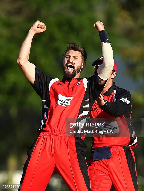 Kane Richardson of the Redbacks celebrates taking the final wicket of Jon Holland of the Bushrangers for victory during the Matador BBQs One Day Cup...