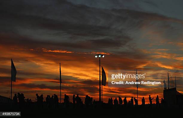 Players warm up on the driving range during the second round of the Portugal Masters at Oceanico Victoria Golf Club on October 16, 2015 in Albufeira,...