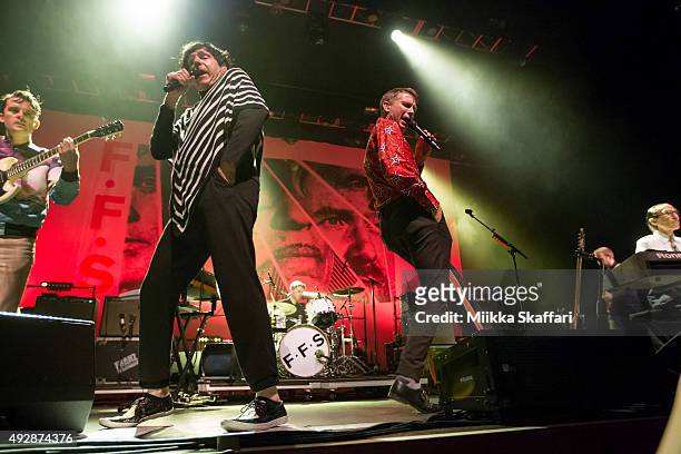 Vocalists Russell Mael and Alex Kapranos and keyboardist Ron Mael of FFS perform at Fox Theater on October 15, 2015 in Oakland, California.