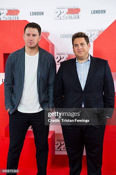 Channing Tatum and Jonah Hill attend a photocall to promote their new film '22 Jump Street' at Claridges Hotel on May 22, 2014 in London, England.