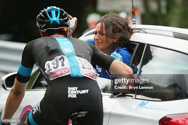 Salvatore Puccio of Italy and Team SKY receives medical attention in action during the eleventh stage of the 2014 Giro d'Italia, a 249km medium...