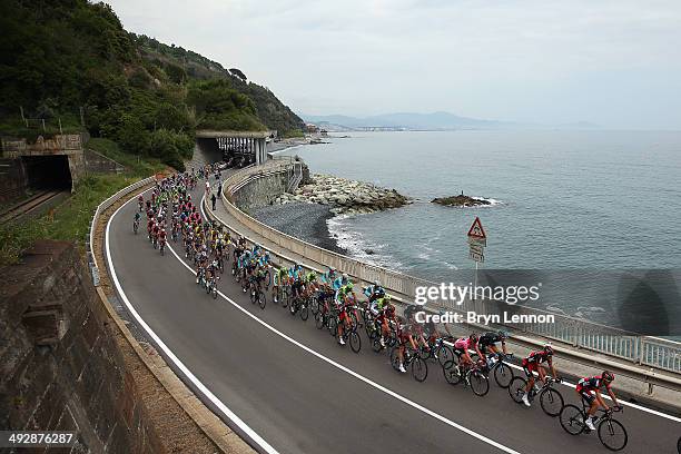 The peloton in action during the eleventh stage of the 2014 Giro d'Italia, a 249km medium mountain stage between Collecchio and Savona on May 21,...