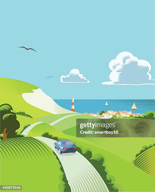illustrazioni stock, clip art, cartoni animati e icone di tendenza di scena di campagna con auto - cultura inglese