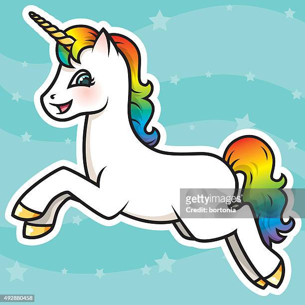 adorable kawaii rainbow unicorn character - unicorn stock illustrations