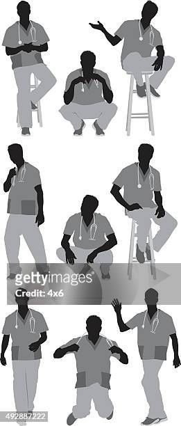 male nurse in various actions - stethoscope silhouette stock illustrations
