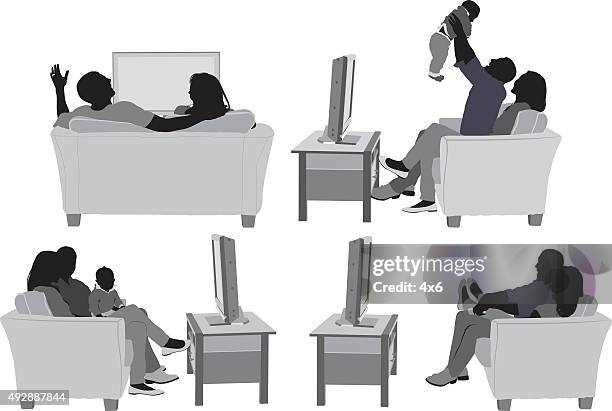 couple on couch and in various actions - family watching tv stock illustrations