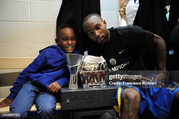 Tyrese Rice, #4 of Maccabi Electra Tel Aviv celebrates the winner after the Final Four 2014 Champions Awards Ceremony at Mediolanum Forum on May 18,...