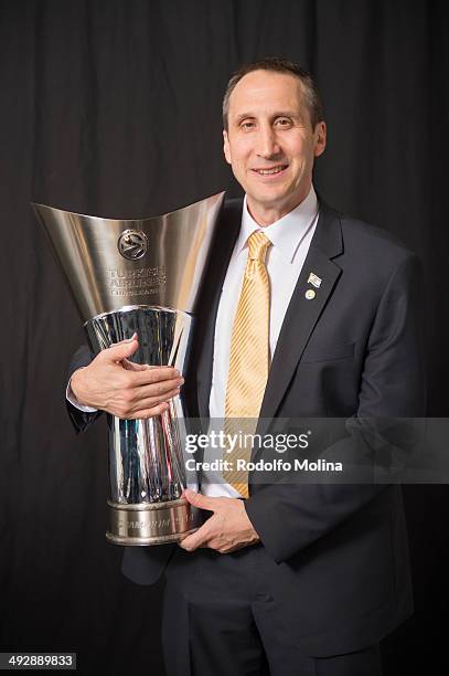 David Blatt, Head Coach of Maccabi Electra Tel Aviv poses during the Turkish Airlines Euroleague Final Four Champions Photo Sesion with Trophy at...