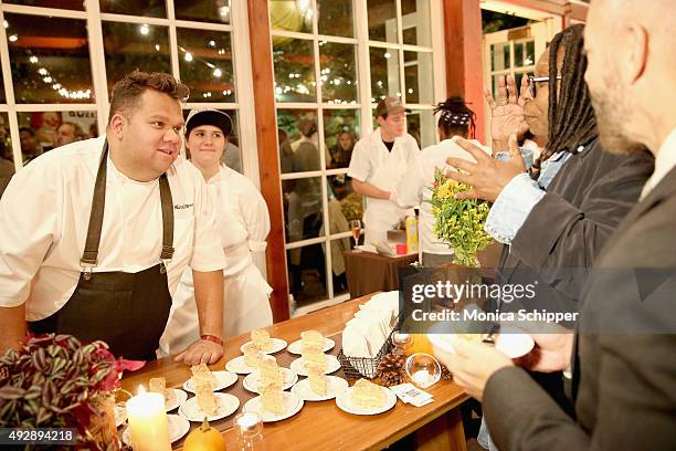 Harold Moore of Harold's Meat+Three and Commerce Sweet Shop discusses his dessert; The Best Coconut Cake with Actress Whoopi Goldberg at Chicken...