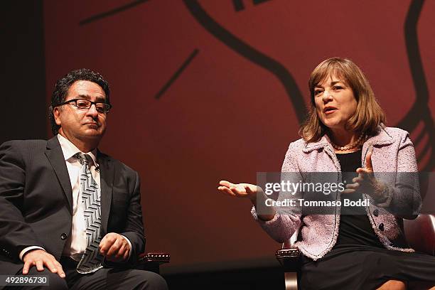 Producer Jeff Valdez and U.S. Representative Loretta Sanchez attend the Latino In America held at Occidental College on October 15, 2015 in Los...