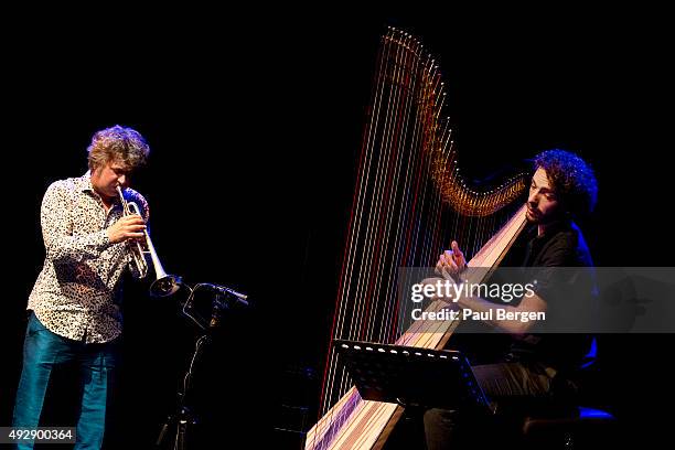 Trumpeter Eric Vloeimans and harpist Remy van Kesteren perform on stage at the City of Wesopa theatre, Weesp, Netherlands, 13th October 2015. They...
