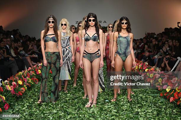 Models walk the runway during the Zingara Swimwear show at Mercedes-Benz Fashion Week Mexico Spring/Summer 2016 at Campo Marte on October 15, 2015 in...