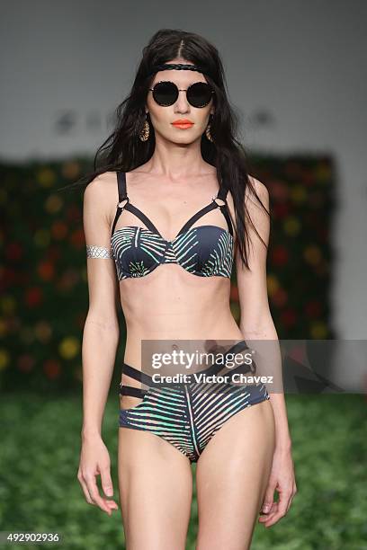 Model walks the runway during the Zingara Swimwear show at Mercedes-Benz Fashion Week Mexico Spring/Summer 2016 at Campo Marte on October 15, 2015 in...