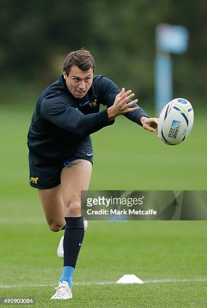 Juan Imhoff of Argentina passes during a Argentina training session at the Vale Hotel on October 16, 2015 in Pontyclun, Wales.