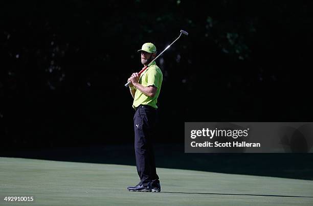 Graham Delaet of Canada watches his eagle putt on the 11th during Round One of the Crowne Plaza Invitational at Colonial on May 22, 2014 at Colonial...