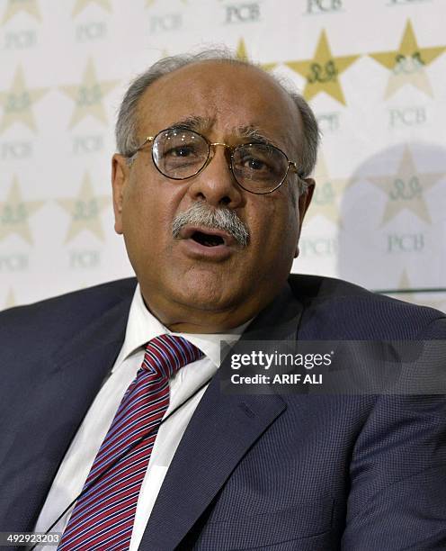 Chairman of the Pakistan Cricket Board Najam Sethi speaks during a press conference in Lahore on May 22, 2014. Pakistan's restored cricket chief...