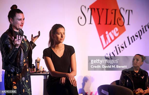 Sam Chapman and Nic Chapman from Pixiwoo on stage during day two of Stylist Magazine's first ever 'Stylist Live' event at the Business Design Centre...