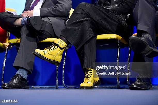 Angela Constance MSP wears yellow Dr. Martens boots during the morning session on day two of the 81st annual SNP conference at the Aberdeen...