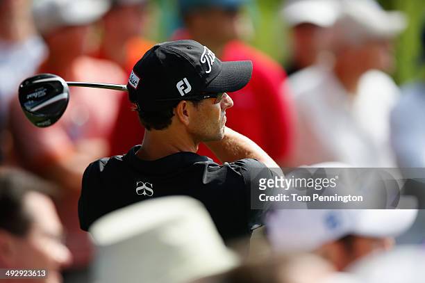 Adam Scott of Australia tees off on the 3rd during Round One of the Crowne Plaza Invitational at Colonial on May 22, 2014 at Colonial Country Club in...