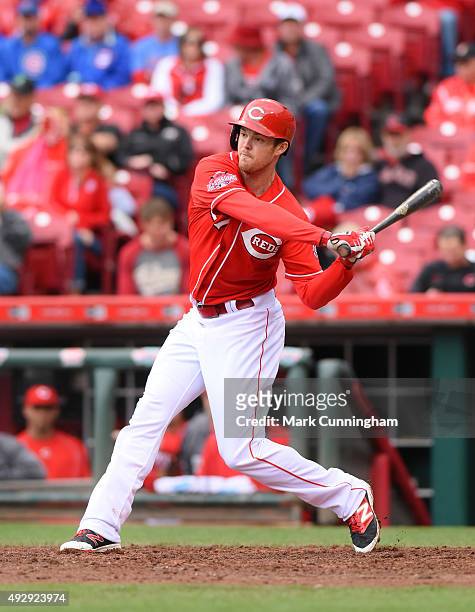Brennan Boesch of the Cincinnati Reds bats during the game against the Chicago Cubs at Great American Ball Park on October 1, 2015 in Cincinnati,...