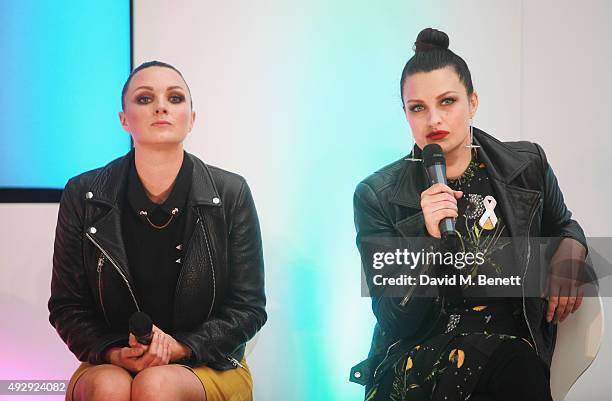 Nic Chapman and Sam Chapman from Pixiwoo on stage during a Q&A on day two of Stylist Magazine's first ever 'Stylist Live' event at the Business...