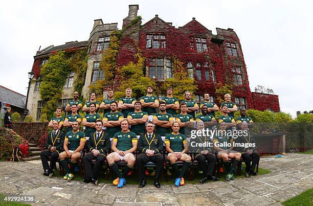 The South African national rugby team pose for an official team photograph at Pennyhill Park on October 16, 2015 in London, England.