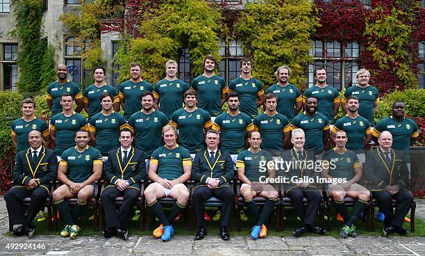 The South African national rugby team pose for an official team photograph at Pennyhill Park on October 16, 2015 in London, England.
