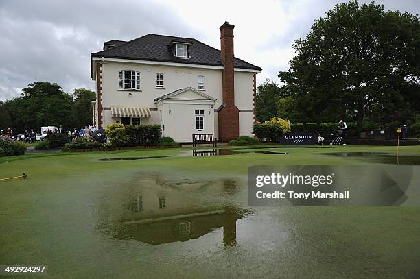 Waterlogged putting green during the Glenmuir PGA Professional Championship Southern Regional Qualifier at the Lambourne Golf Club on May 22, 2014 in...